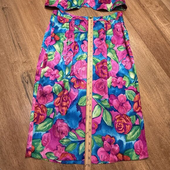 Vtg Adrianna Papell Silk Skirt Top 2 pc Set Sz 8 pink floral Maximalist Wow 90s - Picture 12 of 16